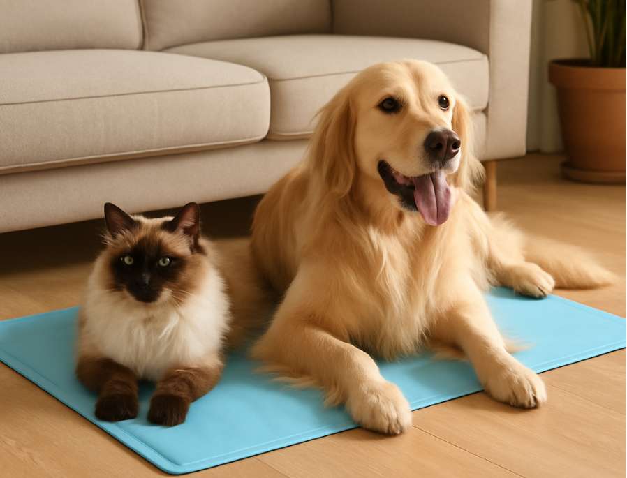 cuidado de mascotas, perro y gato con alfombra renfrescante
